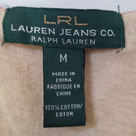 LRL Ralph Lauren Jeans Co Top Womens M Floral Red Tan Ruffled Keyhole V Neck - Picture 2 of 6